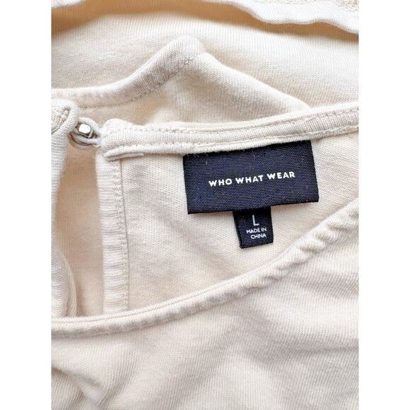 WHO WHAT WEAR Cotton Cream Midi Dress Puff Sleeves Minimal Cottagecore Modest L - Picture 5 of 9